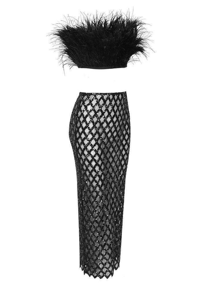 Ansley Strapless Feather Mesh Skirt Set In Black - Mew Mews