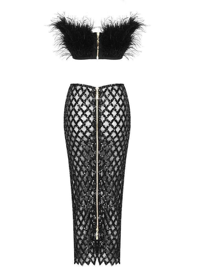 Ansley Strapless Feather Mesh Skirt Set In Black - Mew Mews