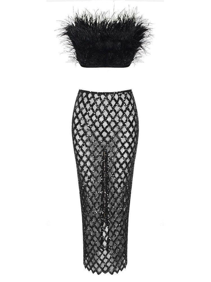 Ansley Strapless Feather Mesh Skirt Set In Black - Mew Mews