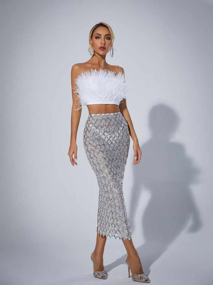 Ansley Strapless Feather Mesh Skirt Set In White - Mew Mews