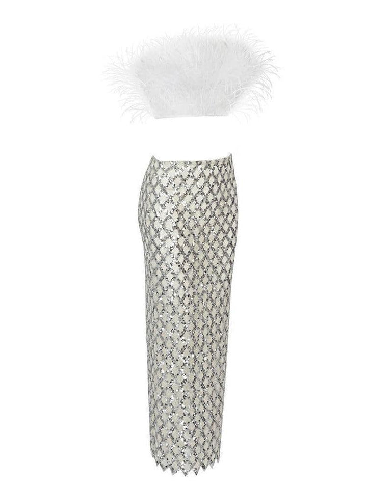 Ansley Strapless Feather Mesh Skirt Set In White - Mew Mews