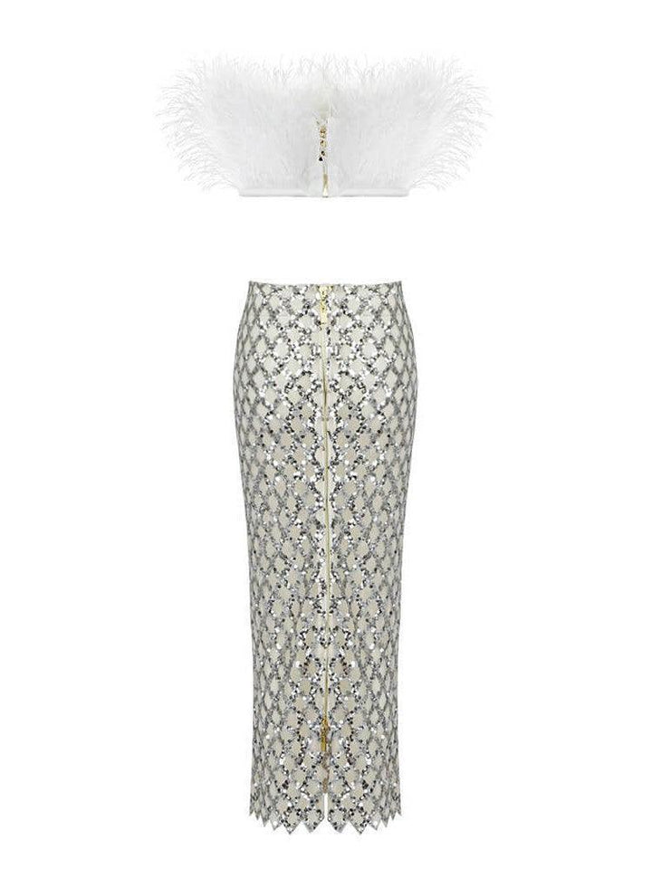 Ansley Strapless Feather Mesh Skirt Set In White - Mew Mews