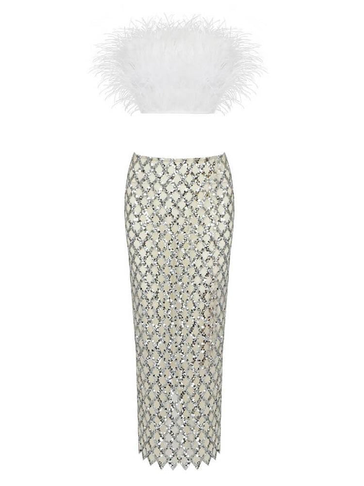 Ansley Strapless Feather Mesh Skirt Set In White - Mew Mews