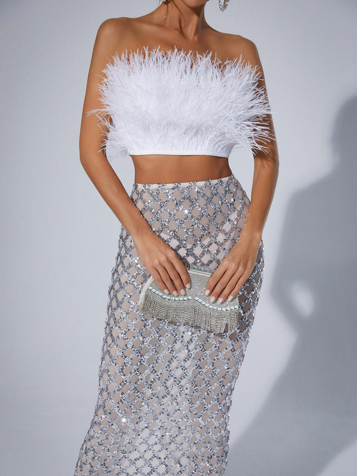 Ansley Strapless Feather Mesh Skirt Set In White - Mew Mews