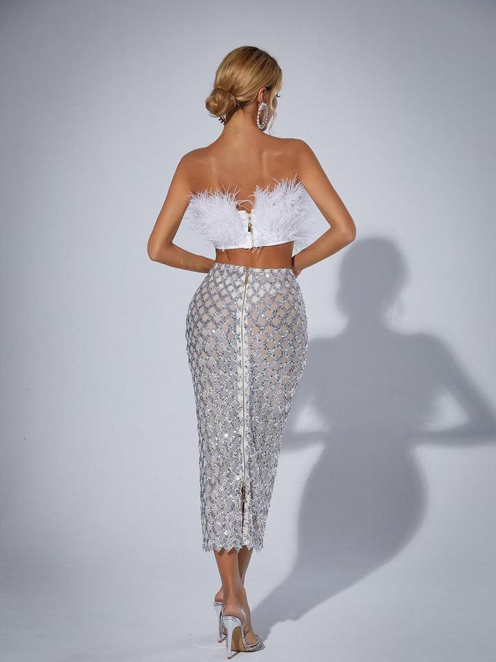 Ansley Strapless Feather Mesh Skirt Set In White - Mew Mews