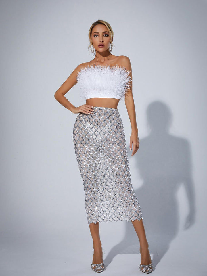 Ansley Strapless Feather Mesh Skirt Set In White - Mew Mews