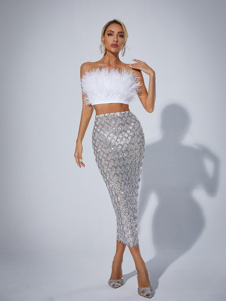 Ansley Strapless Feather Mesh Skirt Set In White - Mew Mews