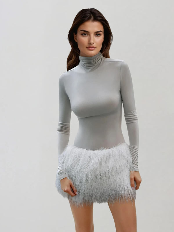 Ardita High Neck Feather Skirt Set In Grey