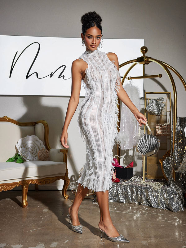 Arlo Turtleneck Cutout Fringe Midi Dress In White