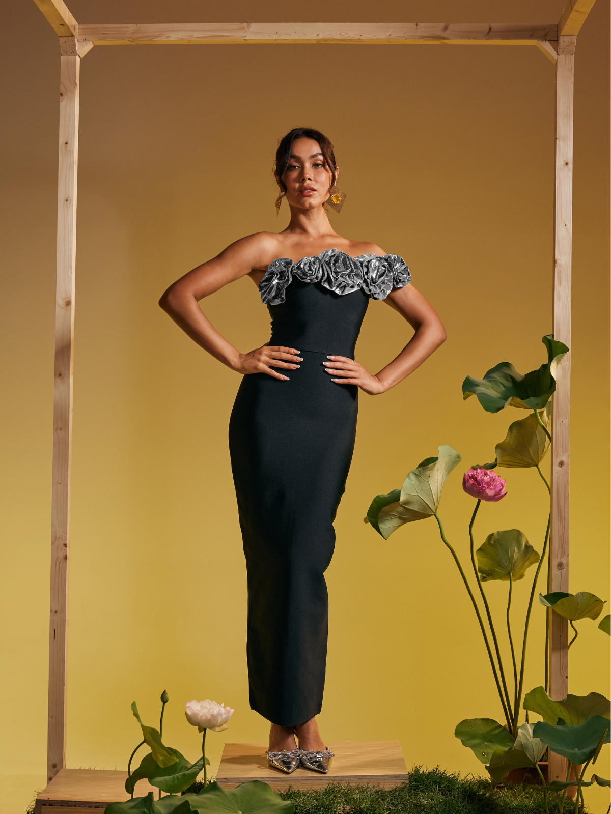 Arnau One Shoulder Flower Bandage Maxi Dress In Silver – Mew Mews Arnau One Shoulder Flower Bandage Maxi Dress In Silver – Mew Mews