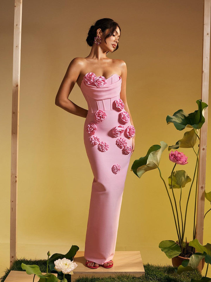 Arushi Strapless Flower Bandage Dress In Pink - Mew Mews