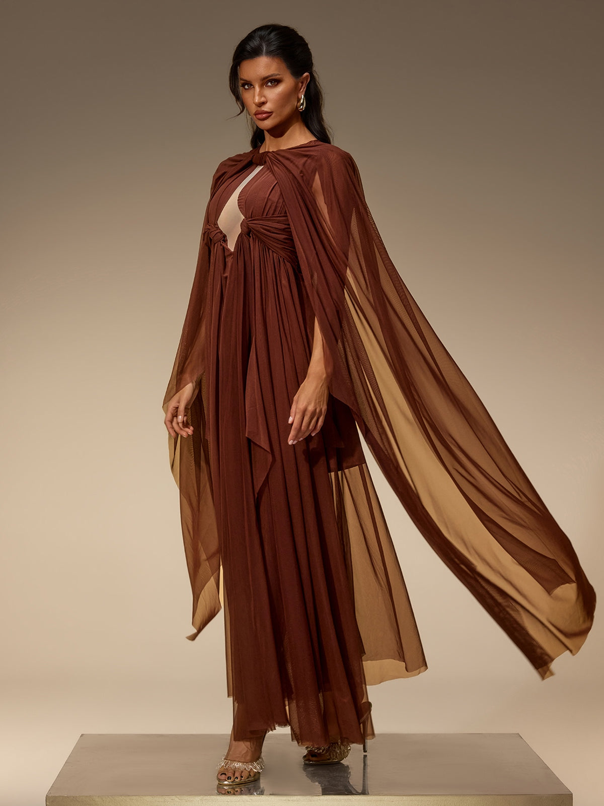 ruched cape dress Dusty Sage Chiffon A Line Ruched Long Formal Dress with Side Cape