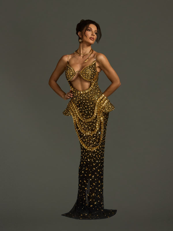 Arygon Strapless Cutout Crystal Maxi Dress In Gold