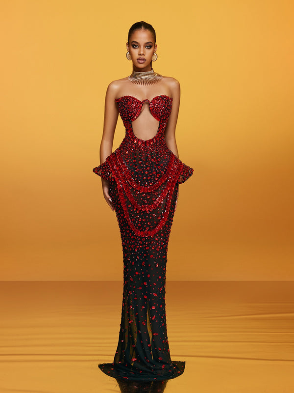 Arygon Strapless Cutout Crystal Maxi Dress