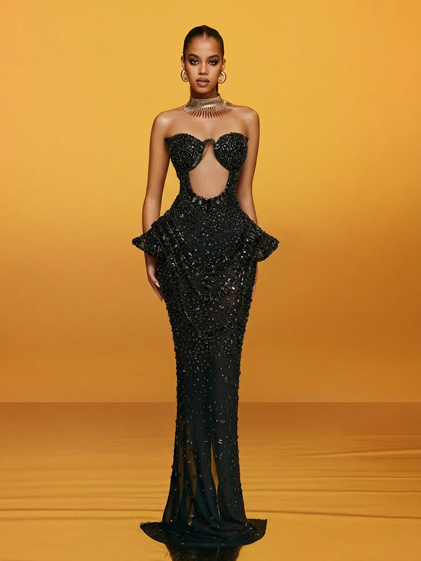 Arygon Strapless Cutout Crystal Maxi Dress In Black