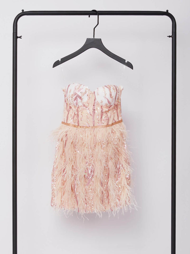 Ashlyn Strapless Feather Sequin Mini Dress - Mew Mews