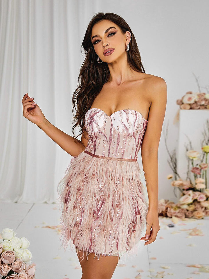 Ashlyn Strapless Feather Sequin Mini Dress - Mew Mews