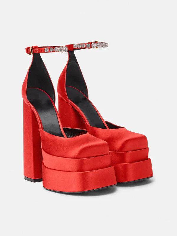 Aspen Satin Platform Pumps In Red - Mew Mews