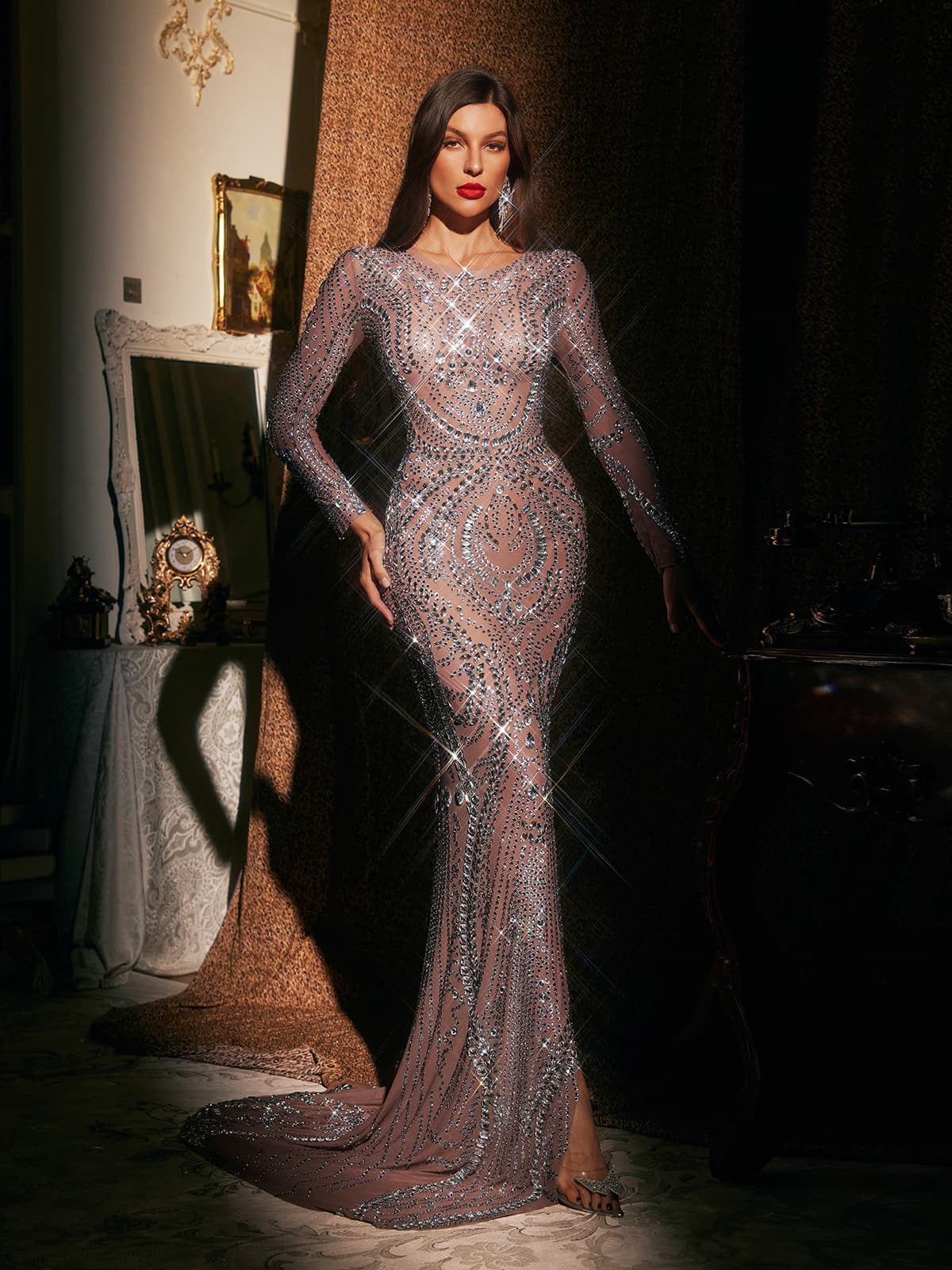 red glitter dress long sleeve Elena Long-Sleeve Pattern Sequin Gown