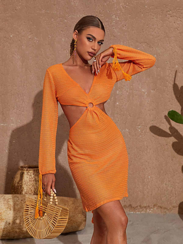 Audrey V Neck Knitted Mini Dress In Orange - Mew Mews Fashion