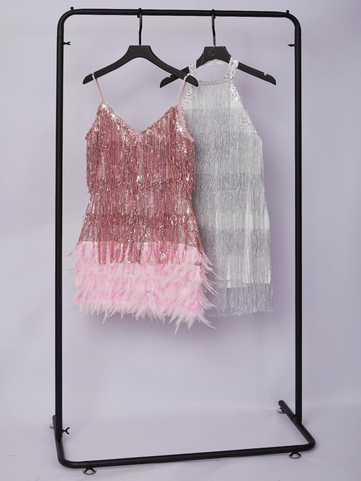 Austyn Tassel Feather Mini Dress In Pink - Mew Mews