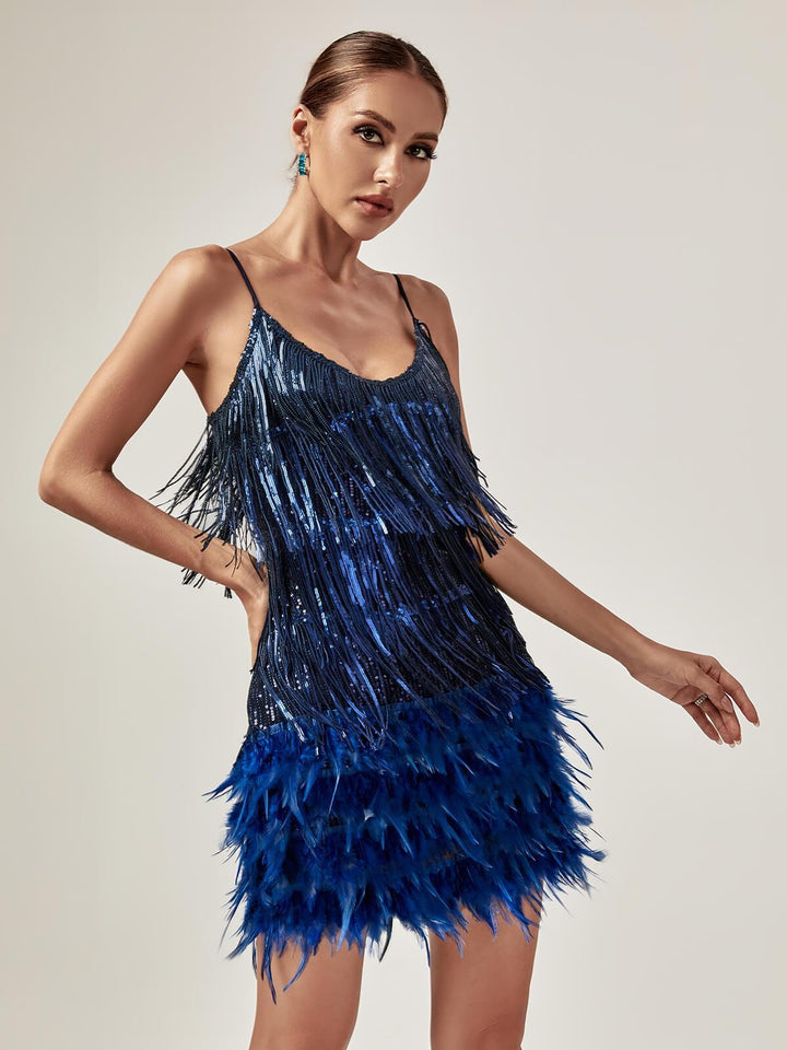 Austyn Tassel Feather Mini Dress In Royal Blue - Mew Mews