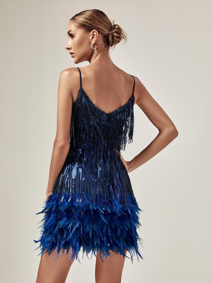 Austyn Tassel Feather Mini Dress In Royal Blue - Mew Mews