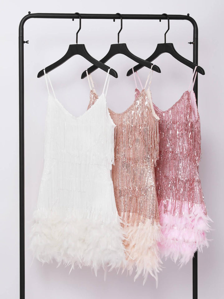 Austyn Tassel Feather Mini Dress In Champagne - Mew Mews