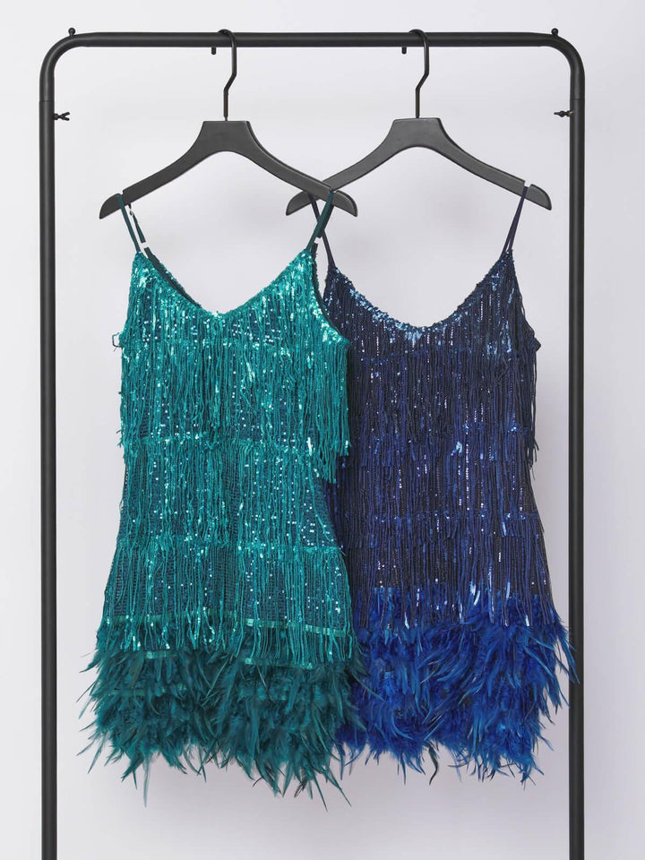 Austyn Tassel Feather Mini Dress In Royal Blue - Mew Mews