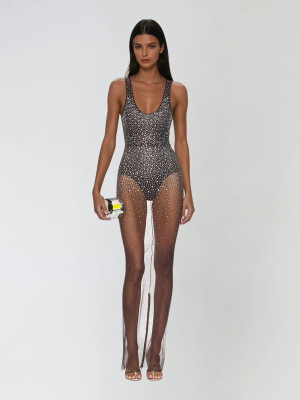 Avenire U Neck Rhinestone Mesh Maxi Dress