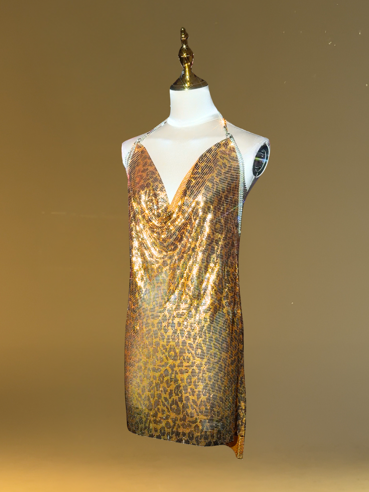 Averill Halterneck Leopard Chainmail Mini Dress In Gold – Mew Mews