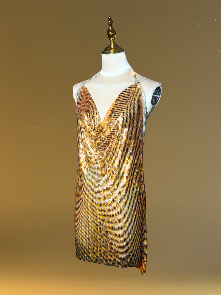 Averill Halterneck Leopard Chainmail Mini Dress In Gold Mew Mews Averill Halterneck Leopard Chainmail Mini Dress In Gold Mew Mews