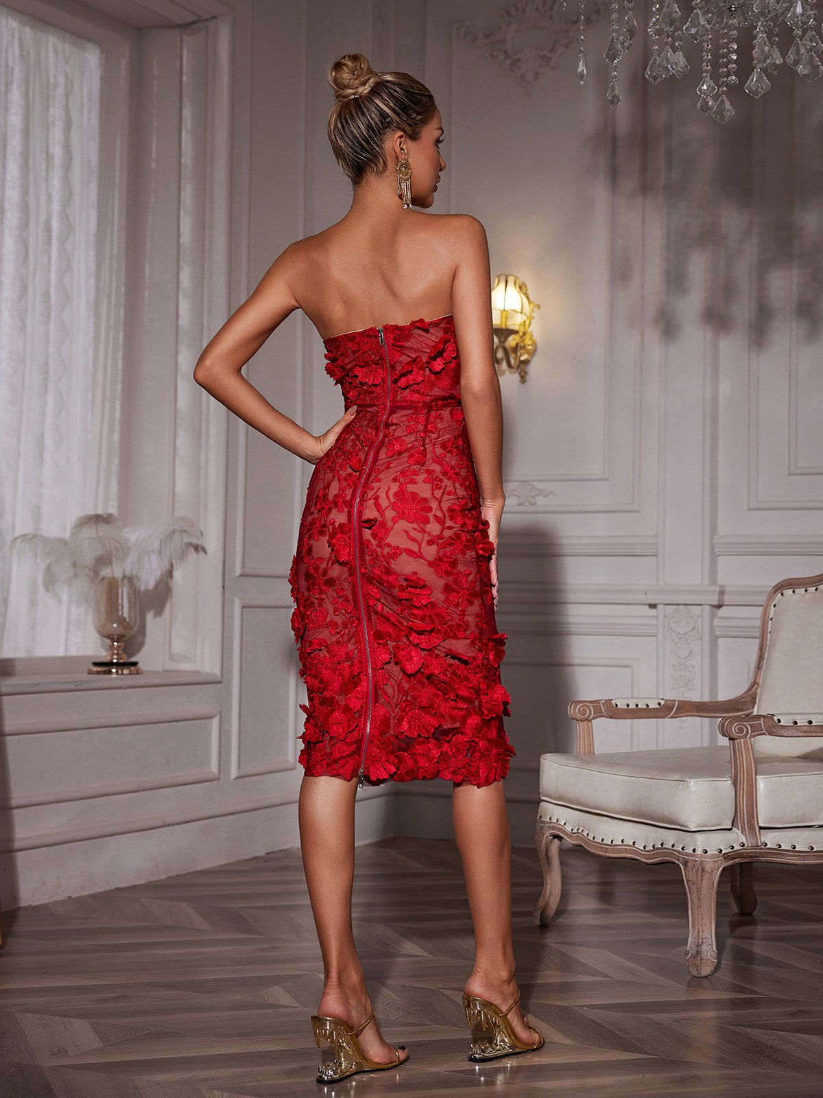 Mew Mews Avital Strapless Flower Midi Dress in Red