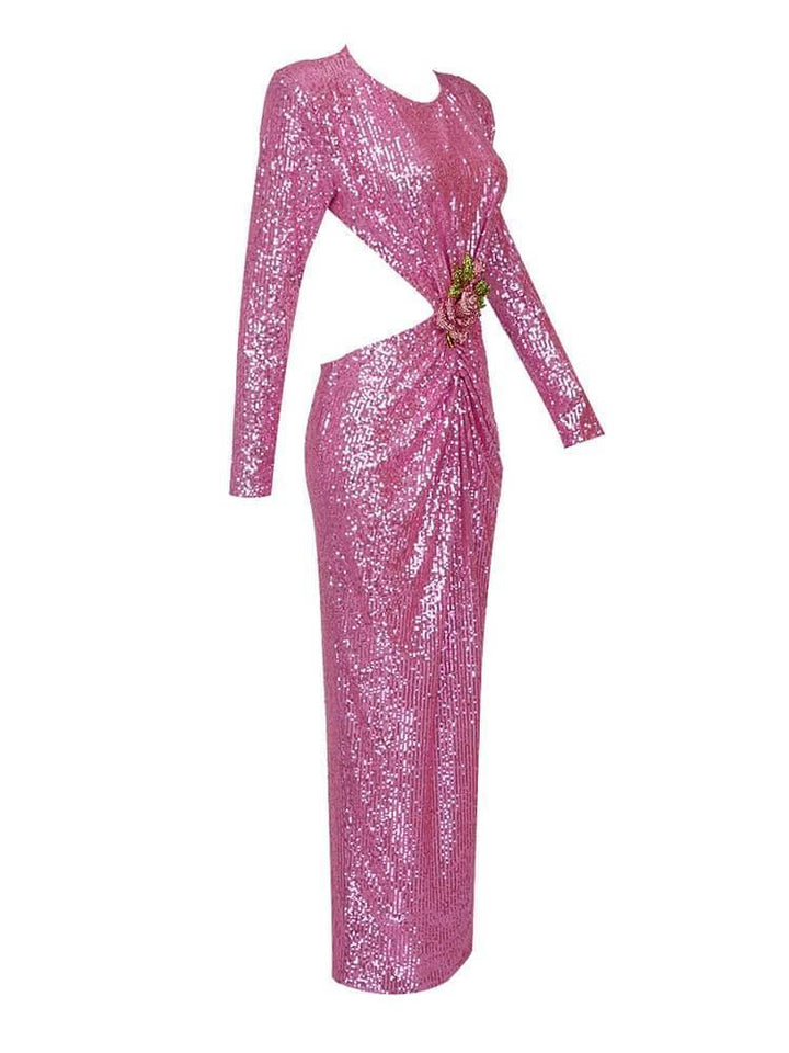 Aviva Long Sleeve Cutout Sequin Maxi Dress In Pink - Mew Mews