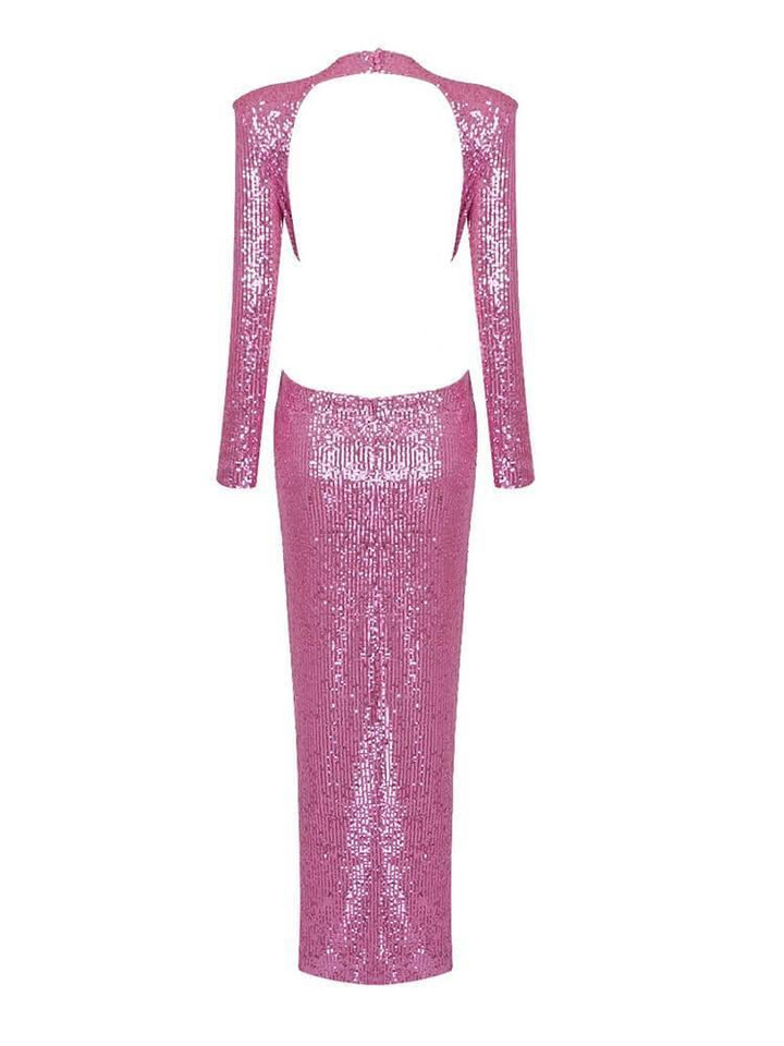 Aviva Long Sleeve Cutout Sequin Maxi Dress In Pink - Mew Mews