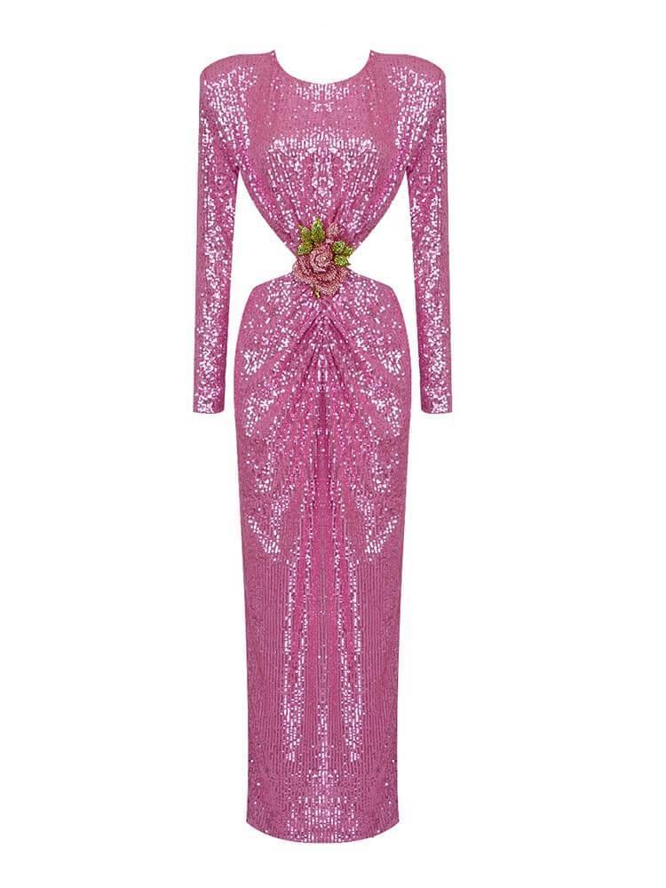 Aviva Long Sleeve Cutout Sequin Maxi Dress In Pink Mew Mews Aviva Long Sleeve Cutout Sequin Maxi Dress In Pink Mew Mews