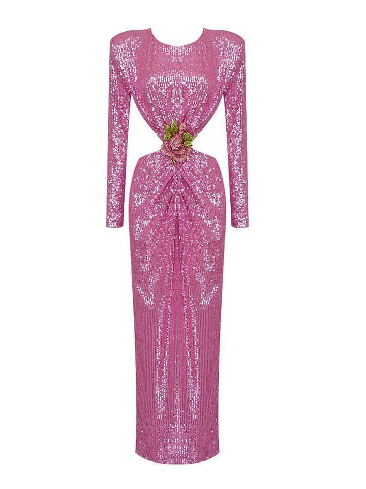 Aviva Long Sleeve Cutout Sequin Maxi Dress In Pink - Mew Mews