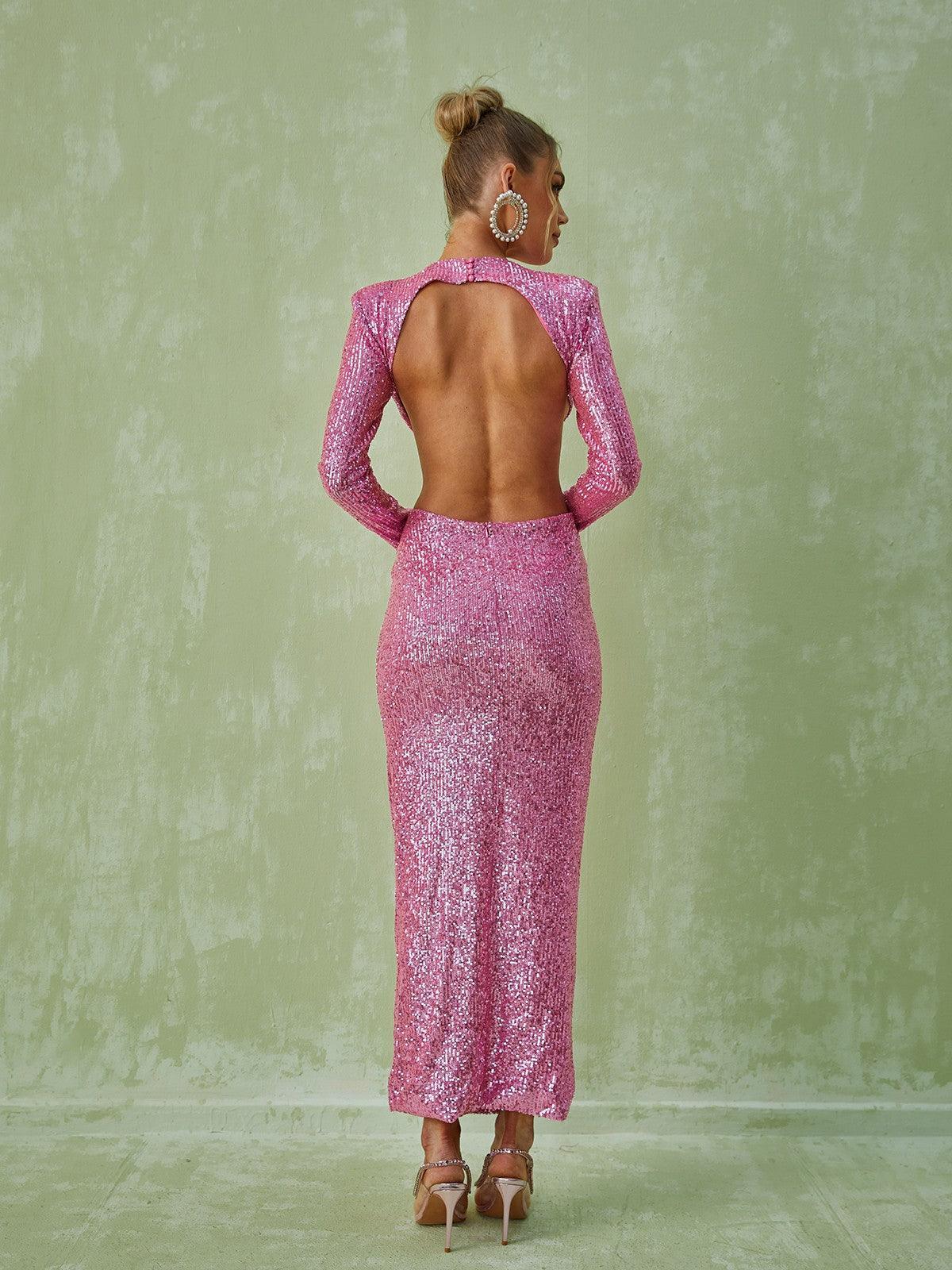 open lace back dress Aviva Long Sleeve Cutout Sequin Maxi Dress In Pink – Mew Mews