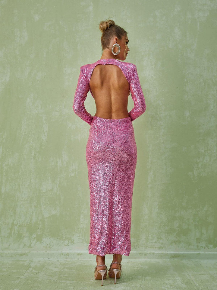 Aviva Long Sleeve Cutout Sequin Maxi Dress In Pink - Mew Mews