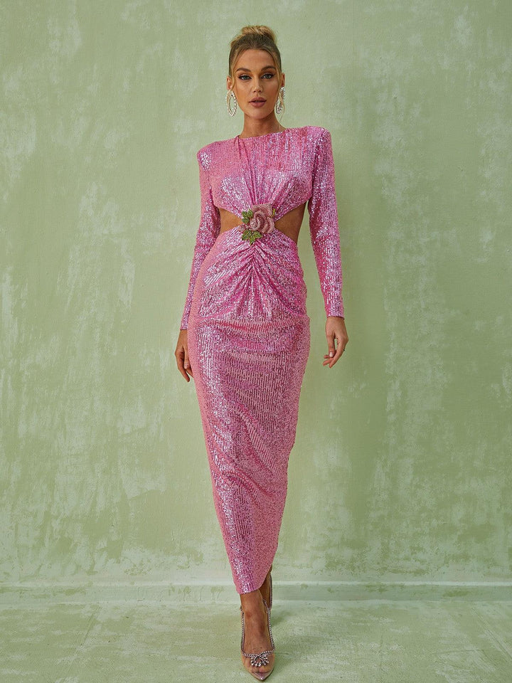 Aviva Long Sleeve Cutout Sequin Maxi Dress In Pink - Mew Mews