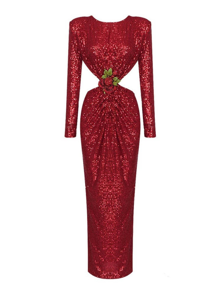 Aviva Long Sleeve Cutout Sequin Maxi Dress In Red - Mew Mews