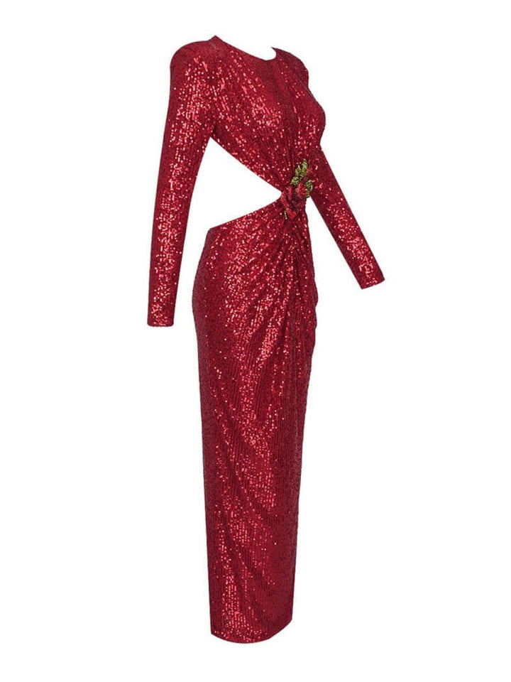 Aviva Long Sleeve Cutout Sequin Maxi Dress In Red - Mew Mews