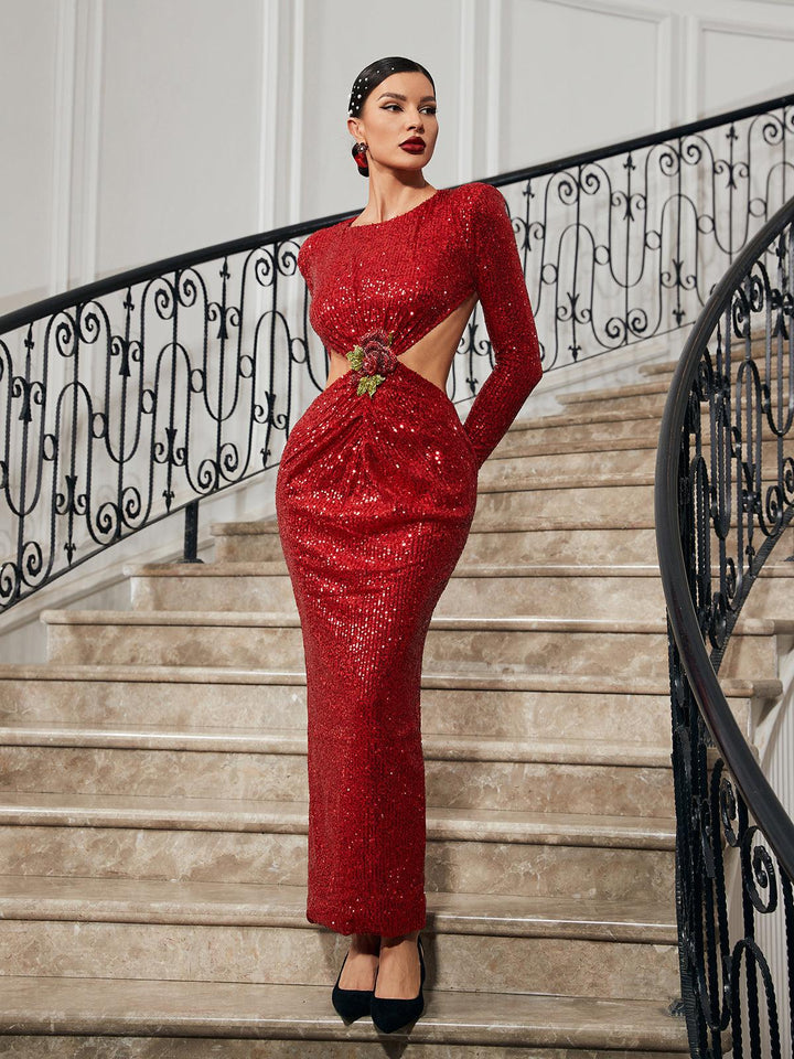 Aviva Long Sleeve Cutout Sequin Maxi Dress In Red - Mew Mews