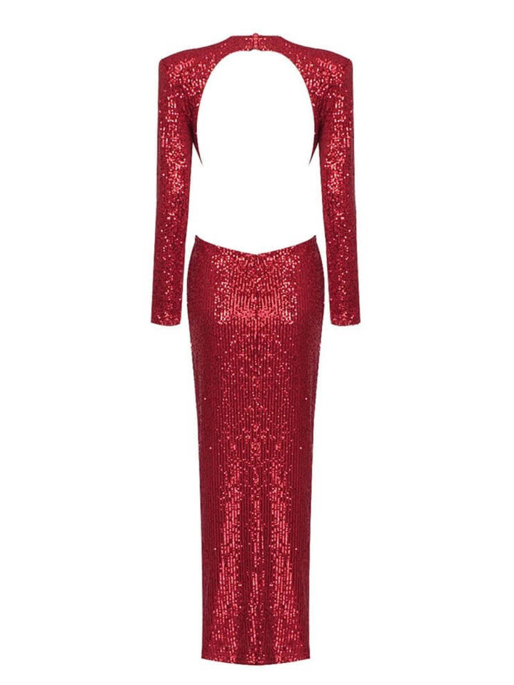 Aviva Long Sleeve Cutout Sequin Maxi Dress In Red - Mew Mews