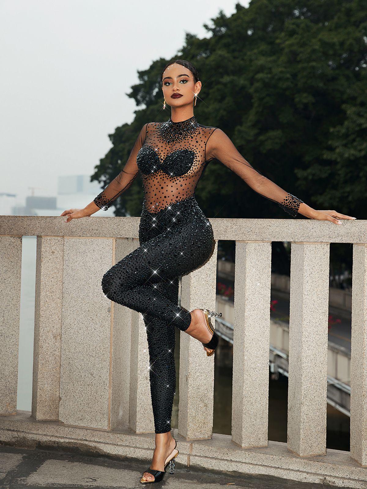 Azami Mesh Crystal Jumpsuit In Black – Mew Mews Fashion