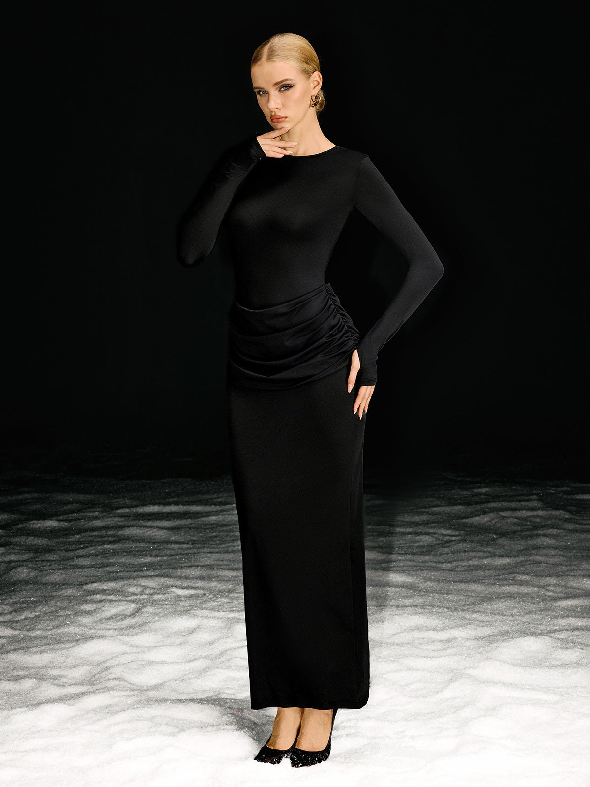 M Barker Long Sleeve Ruched Maxi Dress In Black