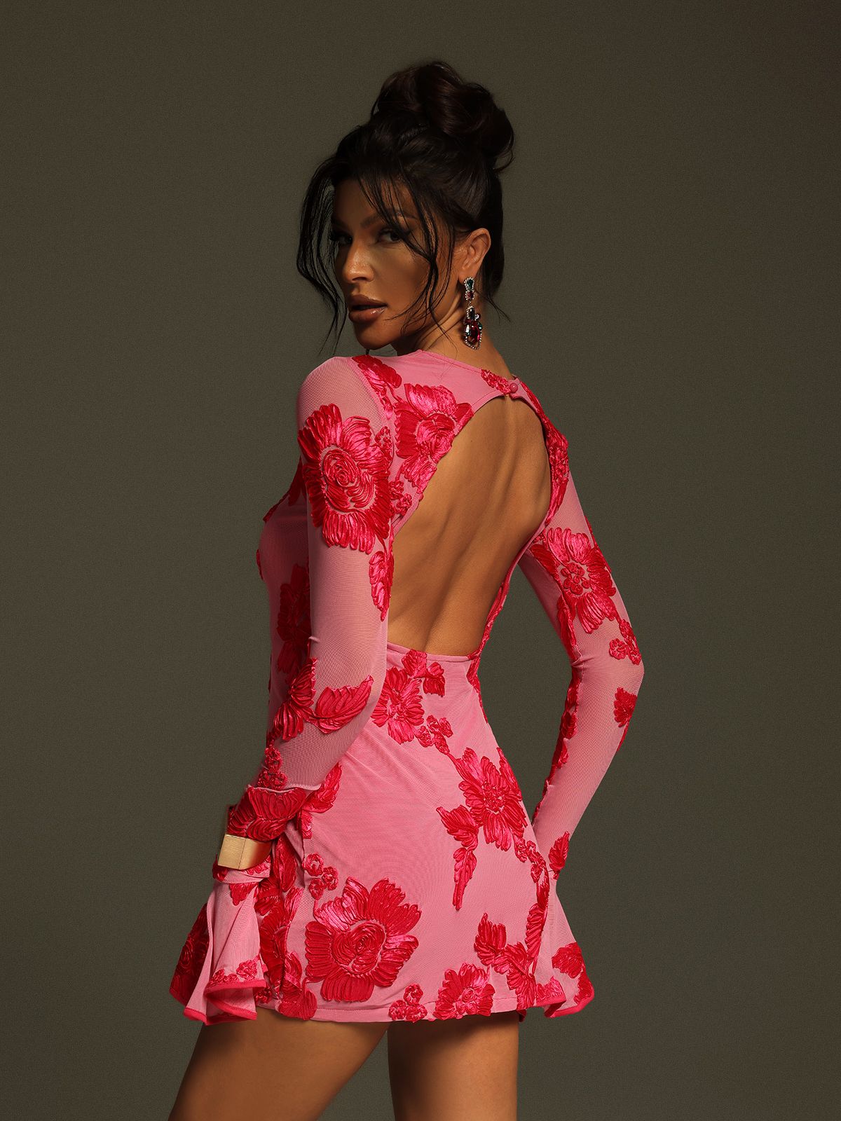Beckie Long Sleeve Backless Flower Mini Dress – Mew Mews