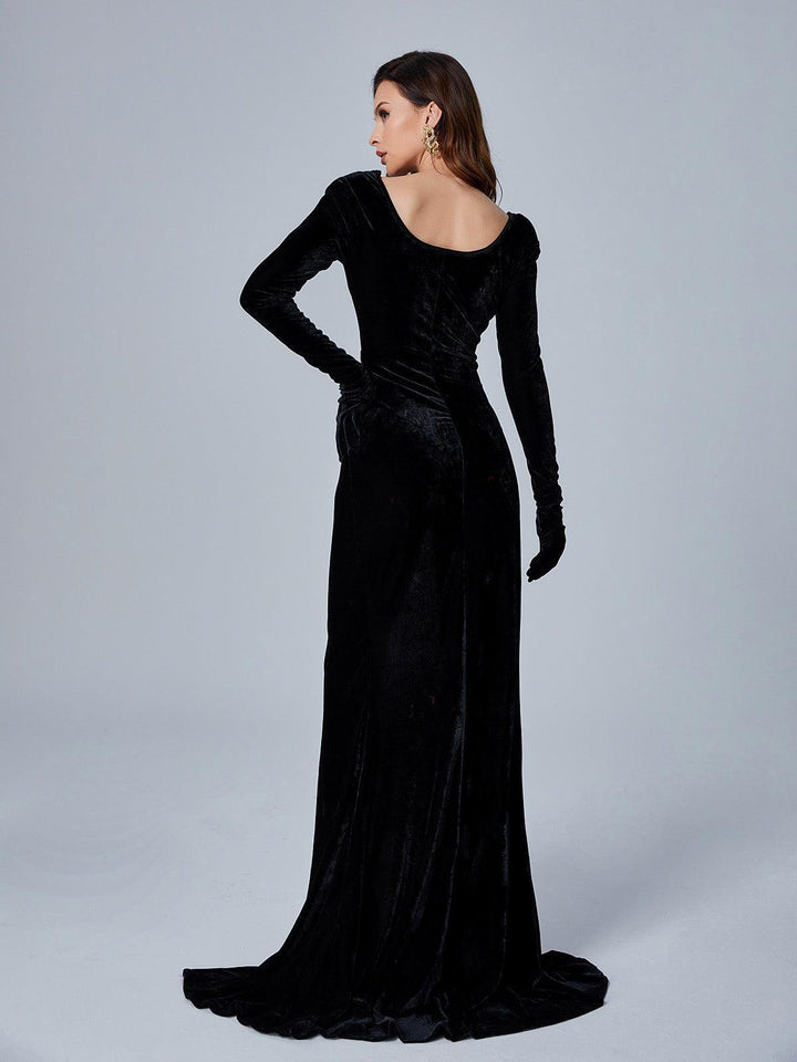 Bernice Long Sleeve Gloves Velvet Maxi Dress In Black Mew Mews Bernice Long Sleeve Gloves Velvet Maxi Dress In Black Mew Mews