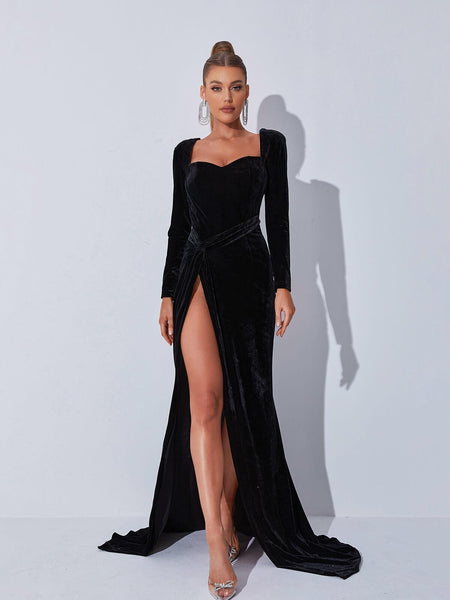black velvet dress with long sleeves Black velvet dress with crystals embroidered neckline main image 0