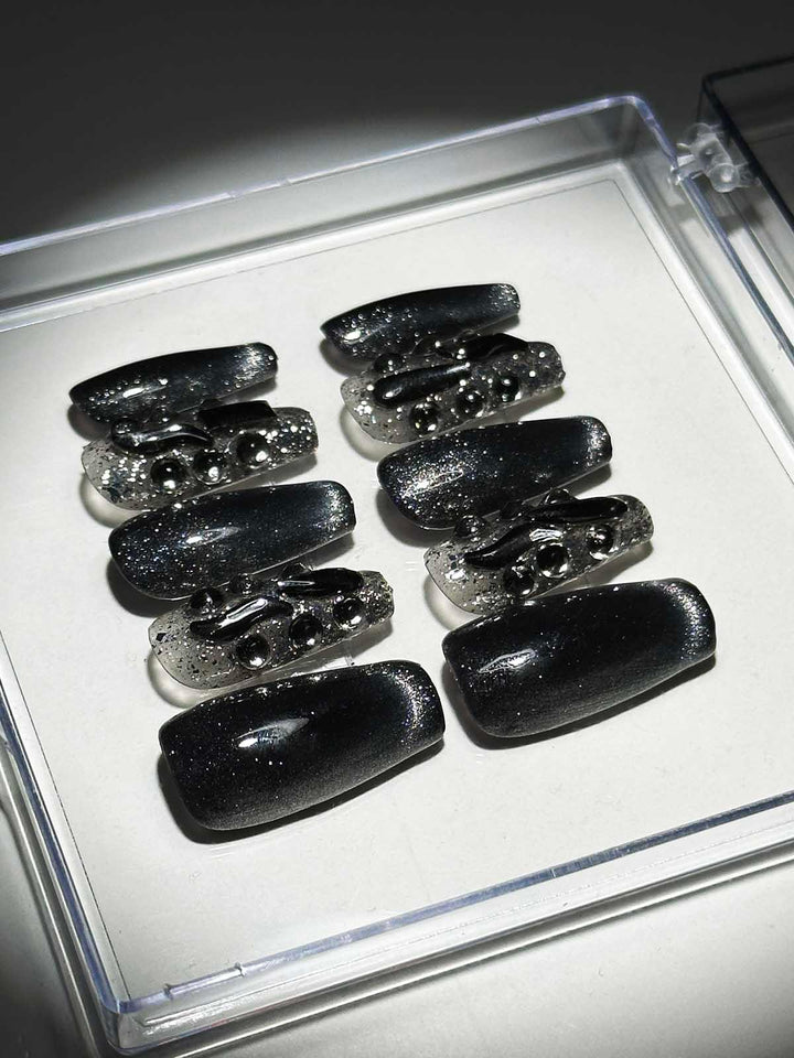 Black Cat Eye Crystal Handmade Press On Nails - Mew Mews Fashion